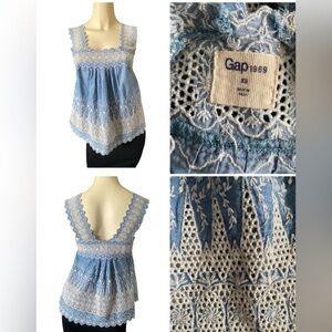 GAP Babydoll Chambray Strappy Cami Tank Women XS Embroidered Cottagecore Country